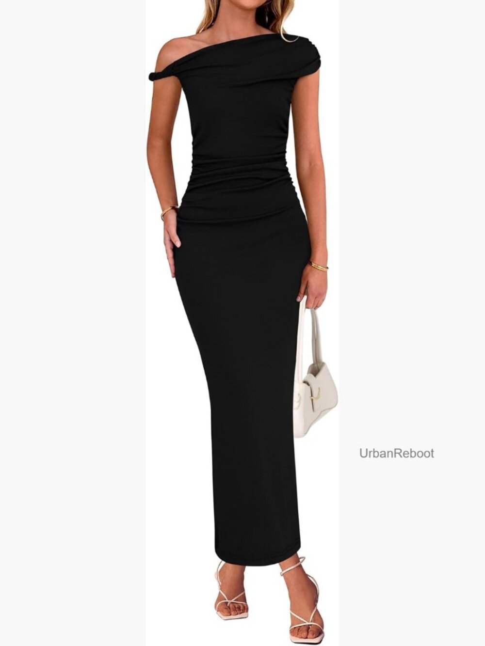 One Shoulder Twist Strap Ruched Bodycon Maxi Dress